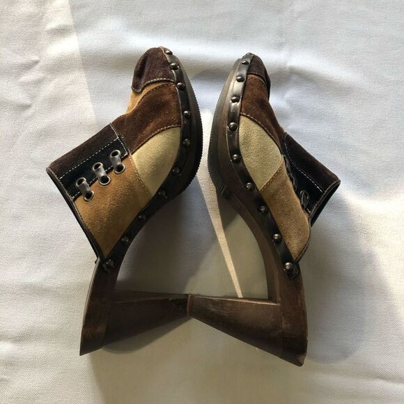 Coach Fallon Women’s 8 Brown Patchwork Suede Wool Mule Heels - Picture 2 of 7